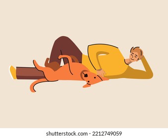 Person relaxing, lying with cute dog. Pet owner and canine animal friend. Happy man and lovely funny doggy companion resting together. Flat vector illustration isolated on white background