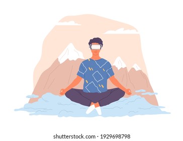 Person relaxing and meditating in virtual reality using VR headset. Modern guy sitting in nature simulation glasses. Colored flat vector illustration of cyberspace isolated on white background