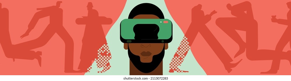 Person relaxing and meditating in virtual reality using VR headset. Modern guy sitting in nature simulation glasses. Colored flat vector illustration of cyberspace isolated on white background.