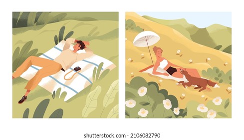 Persona relajante en la naturaleza durante las vacaciones de verano. El pacífico resto de la gente tendida sobre la hierba en tiempo libre. Hombre soltero y mujer al aire libre los fines de semana de verano. Ilustración vectorial plana