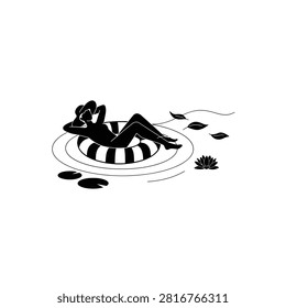 Person relaxing on inflatable ring with lotus flower silhouette style