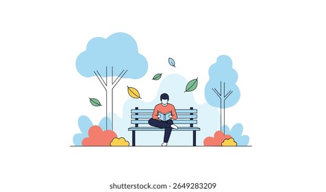 A person relaxing on a park bench surrounded by trees and falling leaves on a sunny autumn day enjoying a book