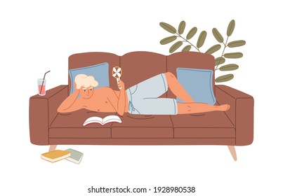 Person relaxing on sofa with handheld electric mini fan blowing cool air on hot summer day. Young man chilling and reading books at home. Colored flat vector illustration isolated on white background