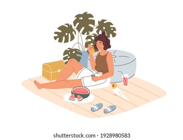 Person relaxing with pet at home on hot summer day. Woman chilling indoors with refreshing drink and watermelon in the heat. Colored flat cartoon vector illustration isolated on white background