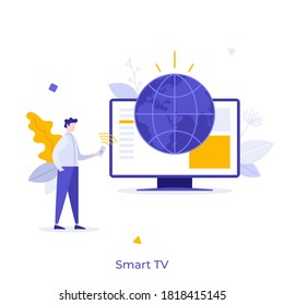 Person with remote control using television set with globe on screen. Concept of smart TV, digital technology for internet broadcasting. Modern flat colorful vector illustration for banner, poster.