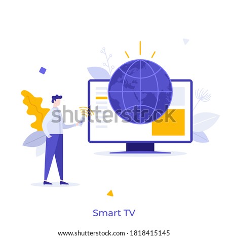 Person with remote control using television set with globe on screen. Concept of smart TV, digital technology for internet broadcasting. Modern flat colorful vector illustration for banner, poster.