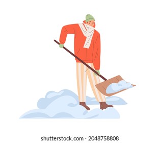 Person removing snow with shovel in cold winter. Man cleaning path with spade outdoors. Guy shoveling and clearing road from snowbanks in frost. Flat vector illustration isolated on white background