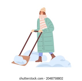 Persona quitando la nieve con pala en invierno. Mujer en una calle de limpieza de bufanda con nieve manual después de nevar al aire libre cuando hace frío. Ilustración vectorial plana coloreada aislada en fondo blanco