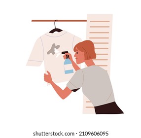 Person removing stains from dirty clothes, spraying detergent, spot remover. Woman clean dirt, mark from soiled t-shirt with mud removal liquid. Flat vector illustration isolated on white background