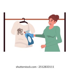 Person removing stains from dirty clothes, spraying detergent, spot remover. Woman clean dirt, mark from soiled t-shirt with mud removal liquid. Flat vector illustration isolated on white background.