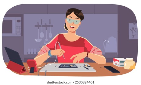 Person repairing mobile phone by herself. Woman using soldering iron, anti-static mat, wrist strap tools fixing smartphone at home table. Self service DIY cellphone repair flat vector illustration