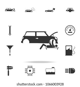 the person repairs under the car icon. Detailed set of car repear icons. Premium quality graphic design icon. One of the collection icons for websites, web design, mobile app on white background