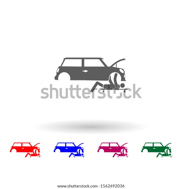 The person repairs under the car multi color\
icon. Simple glyph, flat vector of car repear icons for ui and ux,\
website or mobile\
application