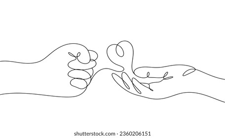 A person responds with love to aggression. Clenched fist and palm with a heart. International Day of Non-Violence. One line drawing for different uses. Vector illustration.