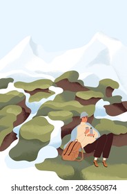 Person resting in nature after hiking alone. Hiker relax with tea in calm peaceful spring landscape with mountain, snow and sky. Explorer with backpack at outdoor adventure. Flat vector illustration