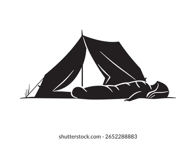 Pessoa descansando pacificamente dentro de uma tenda simples sob o céu aberto