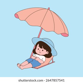 A person resting under a parasol. minimal line illustration.