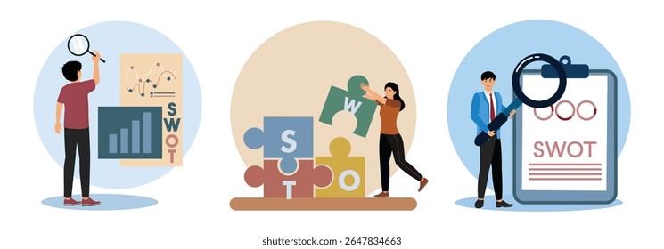 A person reviewing business data with a magnifying glass. A woman arranging puzzle pieces for a SWOT analysis. Businessman analyzing a SWOT chart using a magnifying glass. 