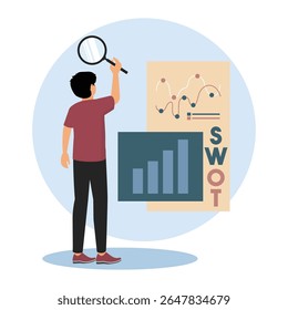 A person reviewing business data with a magnifying glass and analyzing graphical charts and SWOT strategy details, symbolizing research, analysis, and strategic planning in business environments.