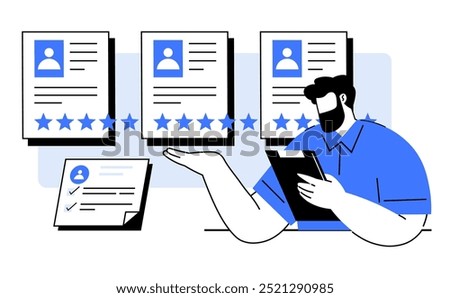 A person is reviewing candidate profiles with ratings. Papers with profiles and star ratings are visible. Ideal for hiring, recruitment, HR management, job applications, and candidate assessment