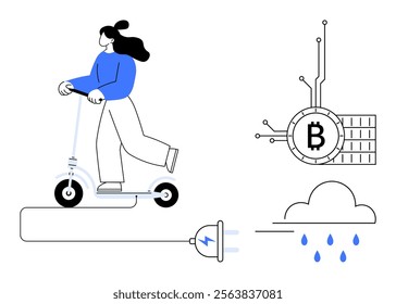 A person rides an electric scooter while connected to a plug, representing renewable energy. Nearby, a blockchain symbol and a cloud with rain illustrate digital currency and environment. Ideal for