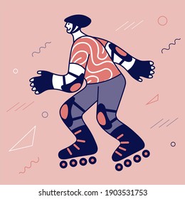 The person rides on roller skates. The man in the helmet and the protection quickly edith on rollers. Vector illustration 