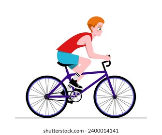 Person riding bicycle. Teenage boy do sports and leads healthy lifestyle. Character cycling on bike and pedaling. Outdoor activities. Cartoon flat vector illustration isolated on white background