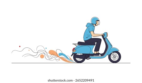A Person Riding a Blue Scooter with a Trail of Colorful Abstract Shapes and Water Splashes Behind Them