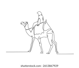 Person riding a camel outline drawing illustration. one continuous line drawing of tourist riding a camel.