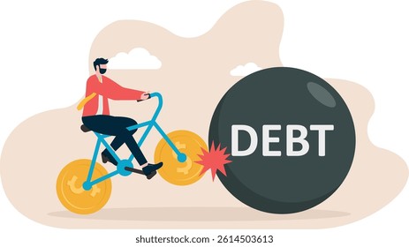 a person riding a credit card hits the iron ball of debt, a metaphor for the burden of debt. Simple flat conceptual illustration.


