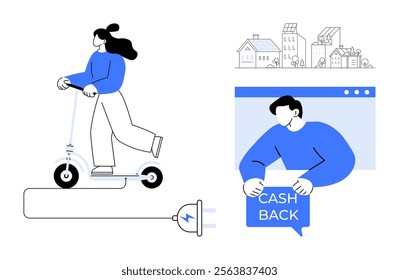 Person riding an electric scooter and another person holding a cashback sign on a website. Ideal for sustainable transport, green energy, online shopping, e-commerce innovations, and cashback