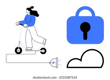 Persona montando un scooter eléctrico conectado a un enchufe, con un Grande candado y símbolo de nube. Ideal para transporte urbano, tecnología, seguridad, sostenibilidad e innovación. Sencillo