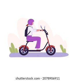 Person riding electric scooter. Woman driving eco moped. Rider in helmet sit on bike seat. Student with backpack travel by modern transport. Flat vector illustration isolated on white background