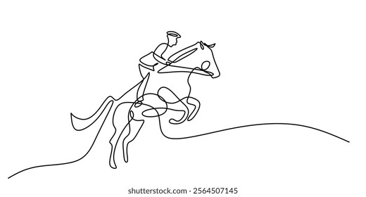 Person riding a horse in equestrian jumping, symbolizing grace, athleticism, and competition. One line drawing depicting the elegance of horse riding. Vector illustration hand drawn.