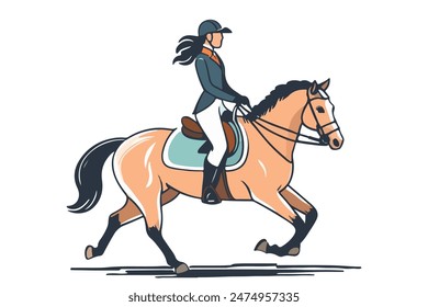 Persona montando a caballo. Deporte ecuestre. Entrenamiento a caballo. Nacional Me Encanta El Día Del Caballo. Ilustración vectorial plana dibujada a mano aislada sobre fondo blanco. Arte ecuestre.