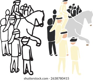 A person riding a horse with a turban and a group of people wrapped around him Vector