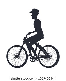 Person riding on bike monochrome silhouette side view vector illustration black human character on bicycle isolated on white background in flat style
