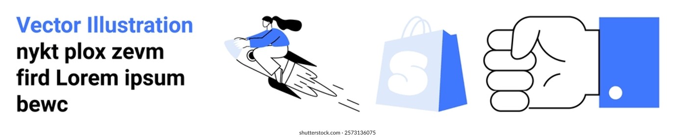 Person riding a rocket symbolizes fast delivery. Shopping bag implies e-commerce. Hand gesture might imply services. Ideal for online shopping, delivery services, fast shipping, e-commerce platforms