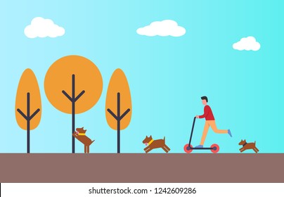 Person riding scooter in autumn park. Dogs playing outside with master. Boy having fun in city park with pet. Yellow trees and blue sky, vector flat style