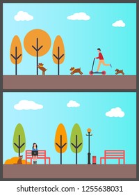 Person riding scooter in autumn park. Dogs playing outside with master. Vector woman freelancer working on laptop, color trees, lantern lamps, benches