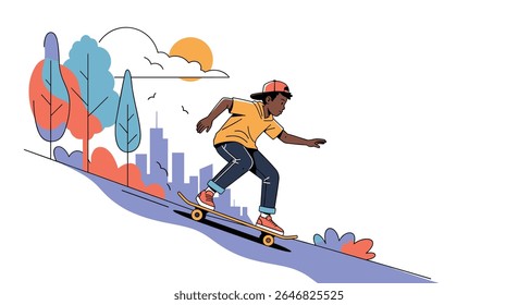 A Person Riding a Skateboard Downhill with a City Skyline and Trees in the Background Enjoying an Outdoor Activity