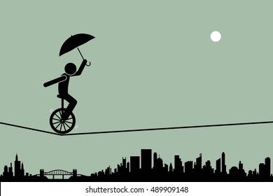 Person riding a unicycle and balancing it with an umbrella going through a tightrope rope with cityscape silhouette at the background.