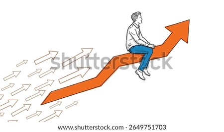 Person riding an upward trending arrow with multiple smaller arrows following behind illustrating progress and advancement in business goals and personal development