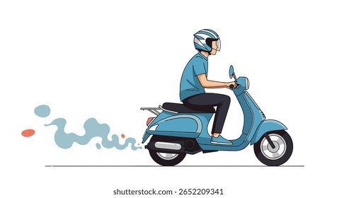 A person riding a vintage style light blue scooter on a white background with stylized smoke coming out of the back