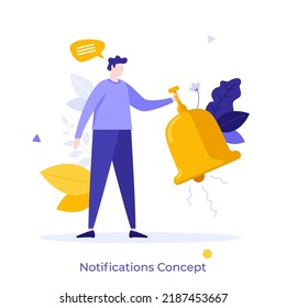 Person klingelt. Konzept der Website-Online-Benachrichtigung Signal, die Benachrichtigung oder Information des Benutzers über neue Nachrichten in Web-Anwendung. Moderne, bunte, flache Vektorgrafik für Poster, Banner.
