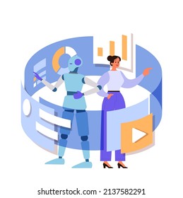 Person And Robot Communication. Character And Robot Develop And Translate Idea. AI And Woman Working Together. Human And Artificial Intellect Concept. Vector Illustration