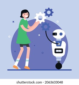 Person and robot holding cogwheels, flat illustration of collaborative robotics