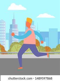 Person rollerblading in city, man or woman character rollerskating near skyscrapers. Children activity on street, urban leisure, kid skating outdoor. Vector illustration in flat cartoon style
