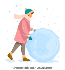 La persona está rodando bola de nieve grande. Concepto de diversión de invierno. Ilustración vectorial en estilo plano.