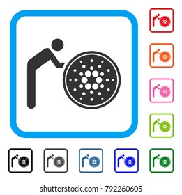 Person Rolling Cardano Coin icon. Flat gray iconic symbol inside a blue rounded square. Black, grey, green, blue, red, pink color additional versions of person rolling cardano coin vector.